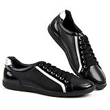 Prada Black White Patent Leather Trimmed Black Leather Sneakers