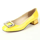 Prada Engraved Crystal Stud Brass Buckle Accent Gold Heel Yellow Patent Leather Pumps