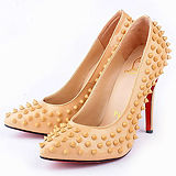 Christian Louboutin Enameled Stud Accented Beige Leather Pumps